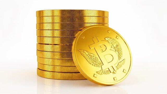 Golden Bitcoin Wealth with a stack of shiny gold cryptocurrency coins on a white background ideal for financial news and crypto investment content. Video.