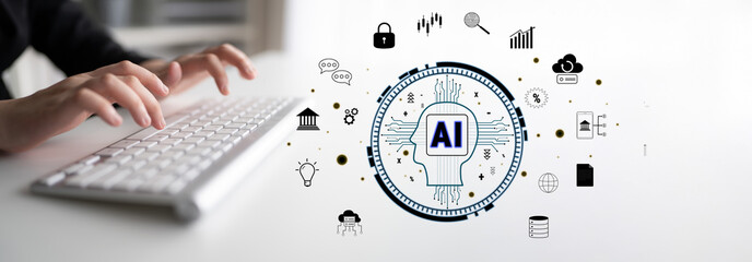 Naklejka premium The role of AI in FinTech and modern business. A concept of using artificial intelligence for banking, investment, and data analysis solutions. Motif