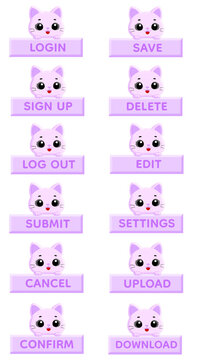 Cute Purple Cat Holding Purple Glossy 3D App UI Button Set with Login Sign Up Log Out Submit Cancel Confirm Save Delete Edit Settings Upload Download Text, Kawaii Cartoon Style Interface Elements
