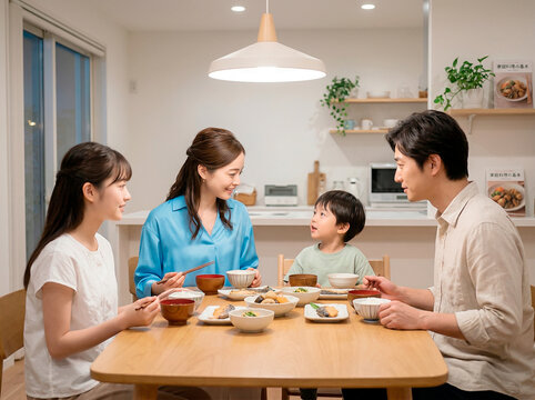 家族4人で食卓を囲む夕食の風景
