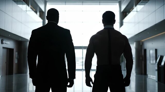 Bodyguard Silhouetted Figures in Modern Office Building Lobby
