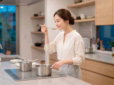 キッチンで味見をする女性