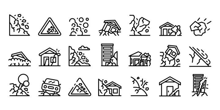 Landslide icons set. Landslides, erosion, accident, falling rock, damaged building, collapse and disaster. Outline set of landslide vector icons for web design. Isolated on transparent background.