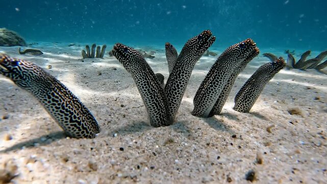 Garden eels emerge from sandy seabed, swaying gently in ocean currents