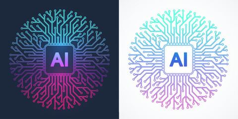 Fototapeta na wymiar Modern handmade vector icon, sign, logo circuit line style in the Artificial intelligence concept. Set AI processor icon flat design. Motherboard digital chip AI.