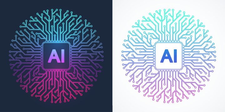 Modern handmade vector icon, sign, logo circuit line style in the Artificial intelligence concept. Set AI processor icon flat design. Motherboard digital chip AI.