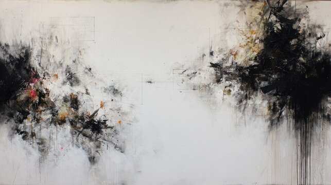 Abstract expressionist painting features dynamic black forms against a vast white background