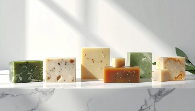 Assortment of Natural Handmade Soaps on a Marble Surface.