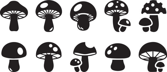 Mushroom silhouette icon set with different fungus shapes for nature food and forest design vector © MD