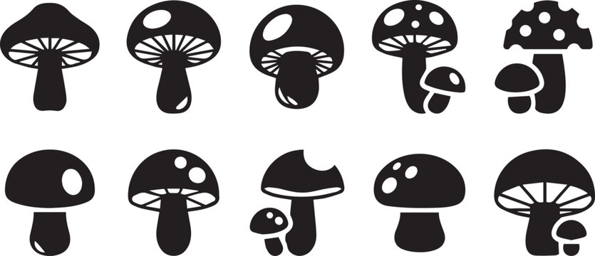 Mushroom silhouette icon set with different fungus shapes for nature food and forest design vector