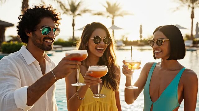 Three people toasting by pool with drinks for environmental projects, nature documentaries, and commercials