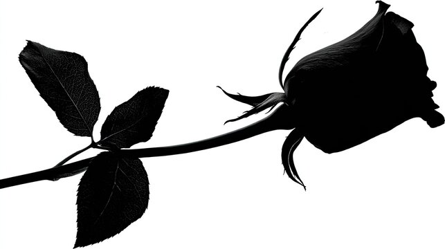 Silhouette of a dark, unbloomed rosebud on a stark white background