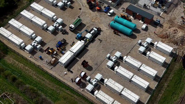 Aerial Drone view of BESS battery energy storage system construction site