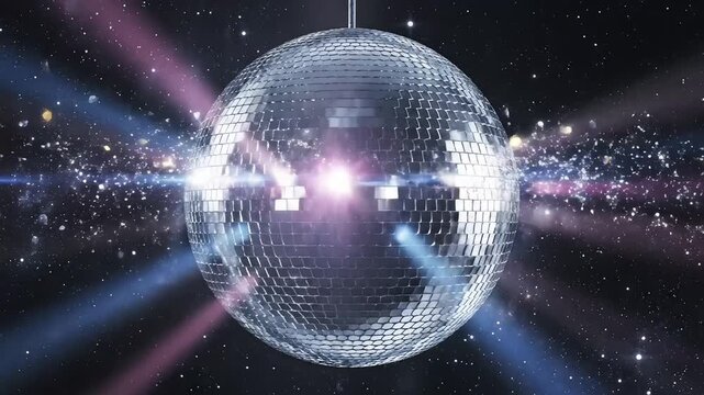 Disco ball in space with light beams for tech concepts, digital marketing, and scientific projects