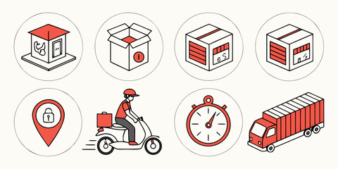 Logistics and shipping service icons showing delivery scooter storage boxes tracking and transport with logistics shipping delivery transport tracking warehouse management location security © AE