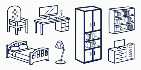 Set of home and office furniture line icons including chair computer desk wardrobe bookshelf bed lamp for interior design with furniture interior wardrobe bookshelf computer workspace furnishing © AE