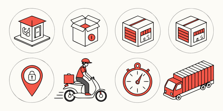 Logistics and shipping service icons showing delivery scooter storage boxes tracking and transport with logistics shipping delivery transport tracking warehouse management location security