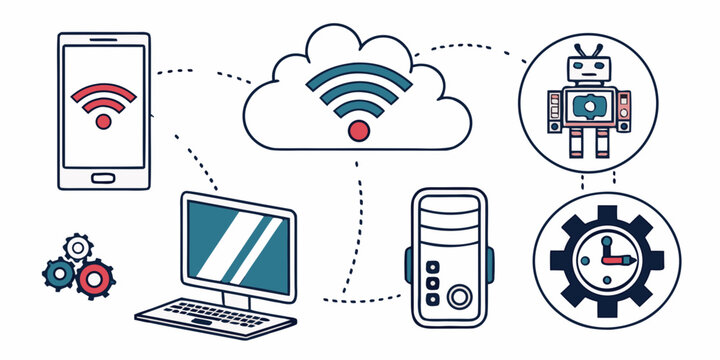 Cloud computing and wireless network connection icons with robot and gears computing wireless technology smartphone computer internet connectivity synchronization automation communication