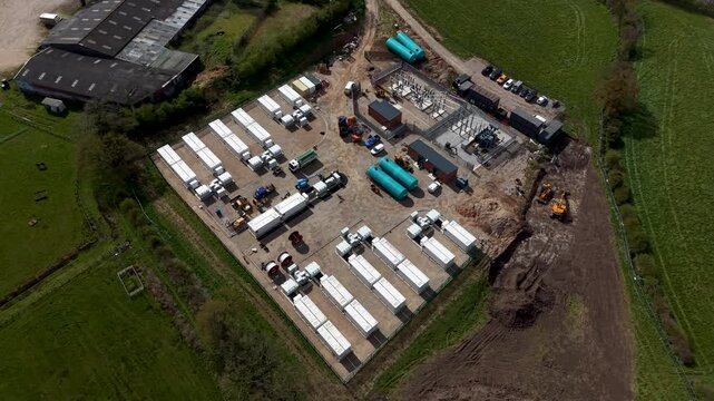 Aerial drone view of a modern battery energy storage system plant construction