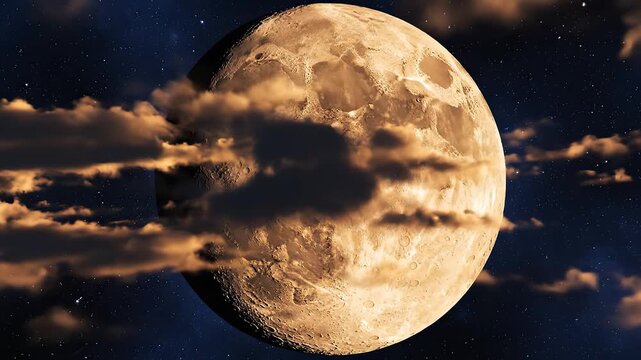 Large moon in night sky with clouds for commercial backgrounds, digital design, and advertising