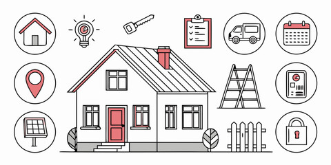 Naklejka premium Residential property management and home improvement concept vector icons with real estate property architecture construction management improvement residential building services illustration