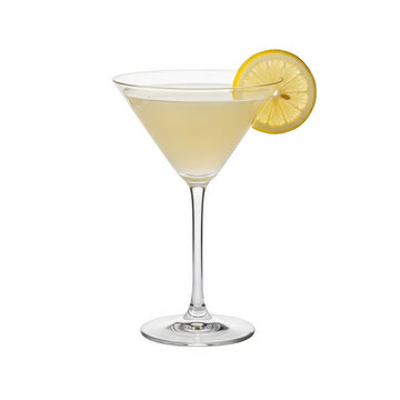 A classic martini cocktail served in a stemmed glass and garnished with a thin slice of lemon