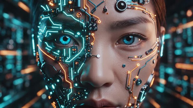 cybernetic woman with circuit face for commercial backgrounds, digital design, and advertising