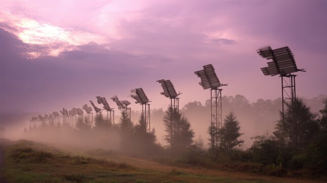 Array of atmospheric dew point sensors measuring environmental conditions in misty rural landscape