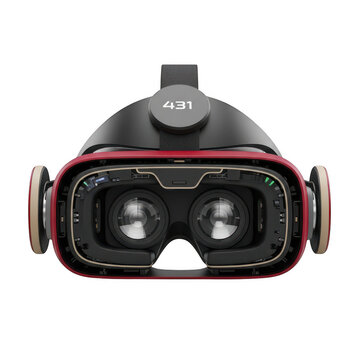 A sophisticated virtual reality headset featuring a black and red design for immersive gaming