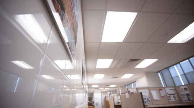 Modern office interior with bright illuminated ceiling panels and tiled wall