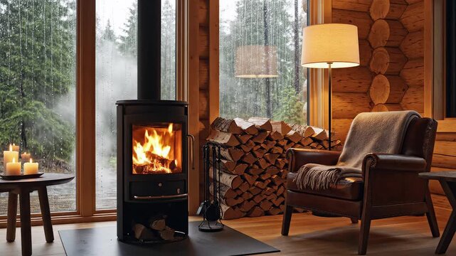 Cozy cabin interior with fireplace for environmental projects, nature documentaries, and commercials