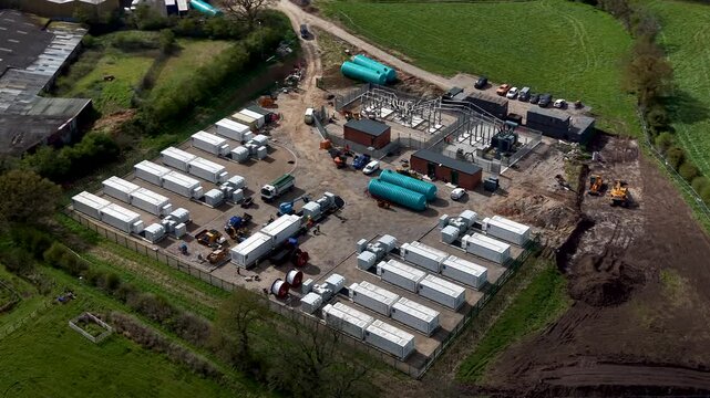 Aerial Drone view of BESS battery energy storage system construction