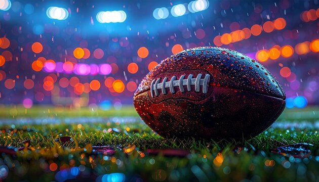 A dynamic sports digital illustration of an American football resting on a wet surface, with visible water droplets glistening on the ball&rsquo;s leather texture. The football features white laces and stit