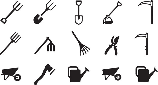 Gardening tools and equipment icons on white background
