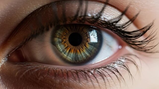 Close-up of an eye with detailed iris and long eyelashes  