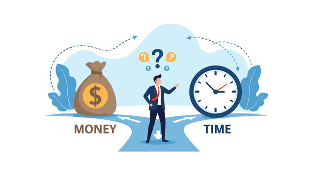 A businessman stands at a critical crossroads, contemplating the difficult decision between prioritizing money or managing time effectively.