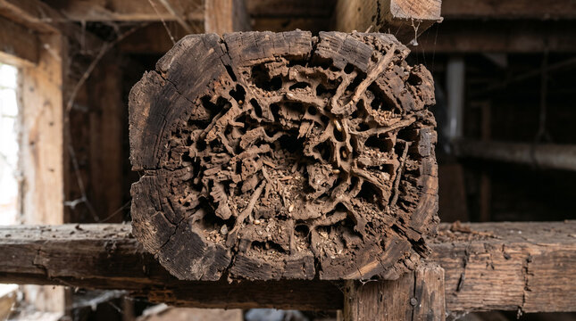 Severe termite damage in structural wooden beam cross section