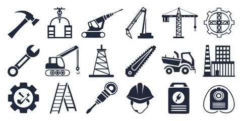 Fototapeta premium Diverse construction site and industrial equipment iconography set with hard hat dump truck construction industry machinery screwdriver excavator industrial equipment engineering maintenance