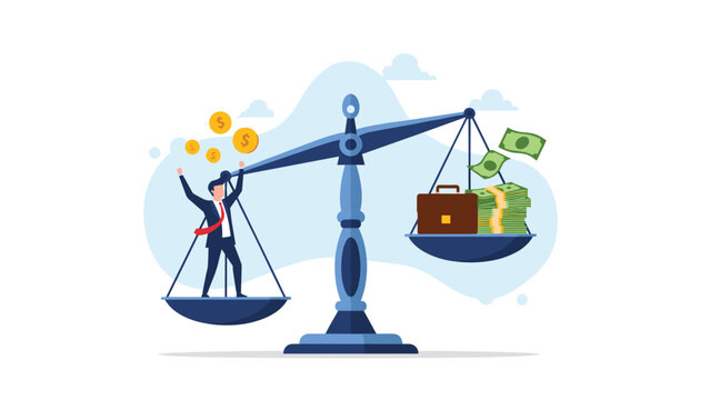 A businessman and coins on one side of a scale are outweighed by a briefcase and money, symbolizing financial inequality or investment imbalance.