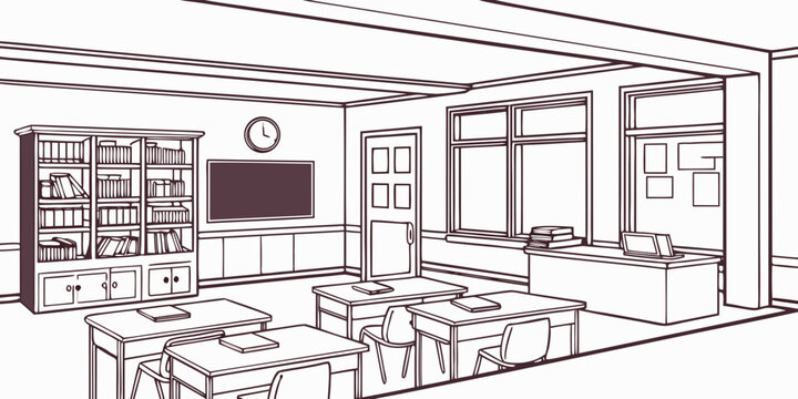 Empty classroom interior isometric line art illustration with classroom education isometric interior bookshelf chalkboard learning academic illustration training university knowledge
