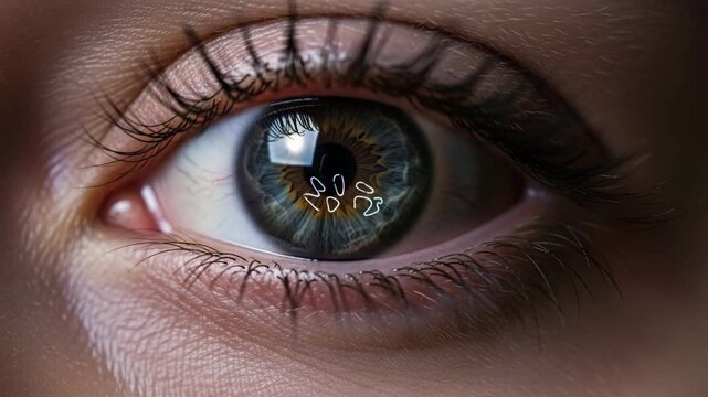 Close-up of a human eye reflecting colorful light and shapes  