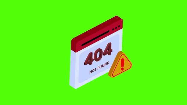 Isometric 404 error page not found warning icon on green screen background for chroma key 4k animation video