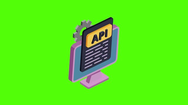 Isometric API interface on computer screen with gear icon on green screen background 4k animation video