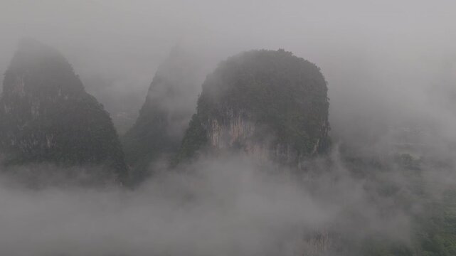 Flying though the Karst Mountains Mist Yangshuo Guilin China