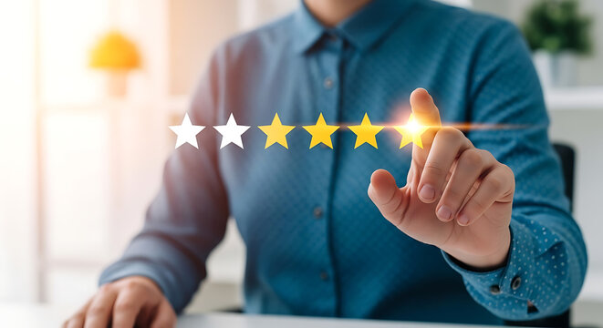 Hand rating service with gold stars, concept of customer satisfaction and feedback on a digital interface