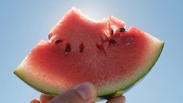 Watermelon Slice Against Blue Sky. Fresh Summer Fruit Close Up. Juicy Tropical Concept