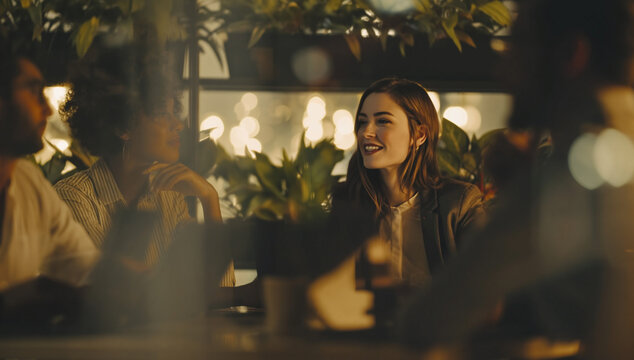Smiling woman enjoys a social gathering with friends in a warm cafe or restaurant at night