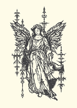 Angelic figure with wings and decorative elements spiritual religious ethereal celestial engraving illustration classical renaissance historical ornamental decorative graceful