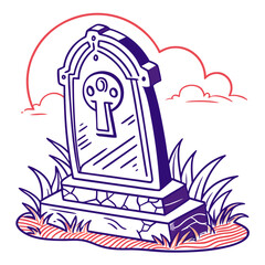 Tombstone with mushroom emblem on grassy ground under cloudy sky, gothic graveyard monument with stone base and decorative outline.