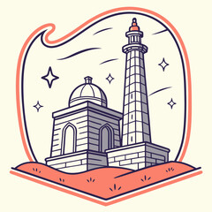 Fototapeta premium Lighthouse building with domed structure and surrounding stars, maritime beacon tower on rocky ground, architectural landmark framed by wavy border.